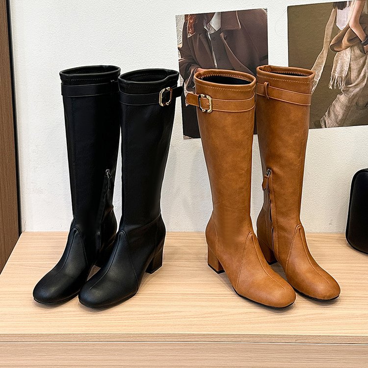 Side zipper lady boots middle-heel thigh boots for women