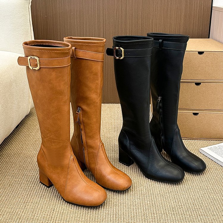 Side zipper lady boots middle-heel thigh boots for women