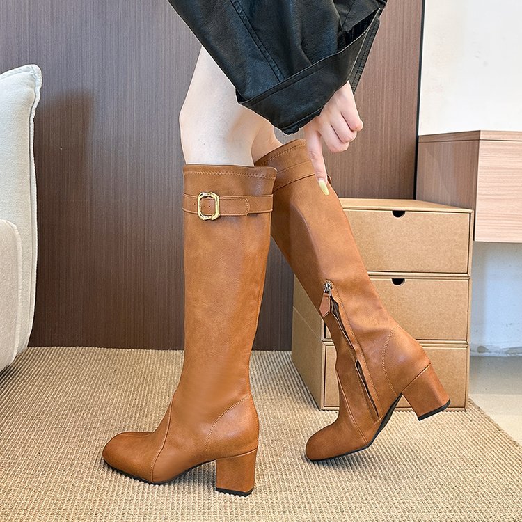 Side zipper lady boots middle-heel thigh boots for women