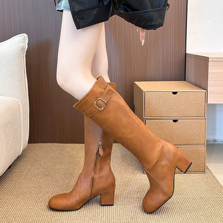 Side zipper lady boots middle-heel thigh boots for women
