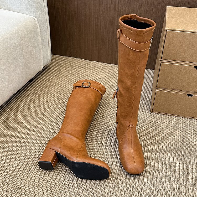 Side zipper lady boots middle-heel thigh boots for women