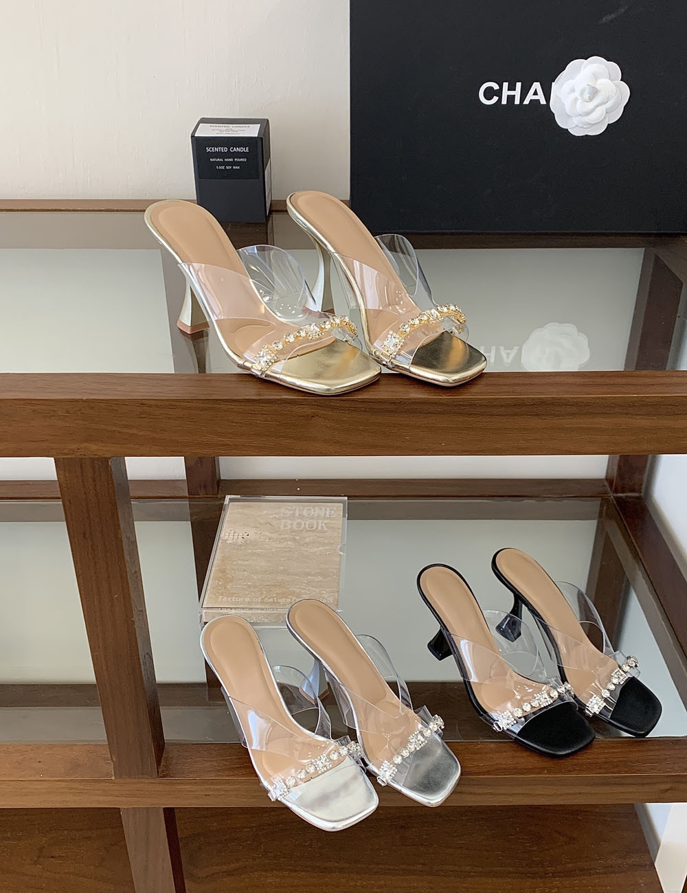 All-match glass slippers open toe high-heeled shoes