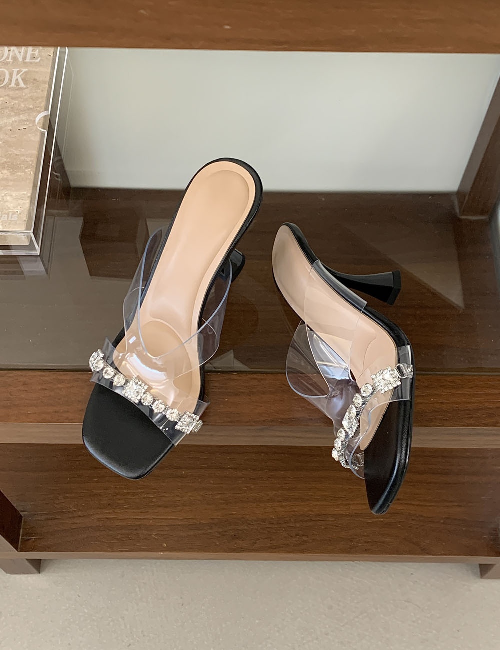 All-match glass slippers open toe high-heeled shoes