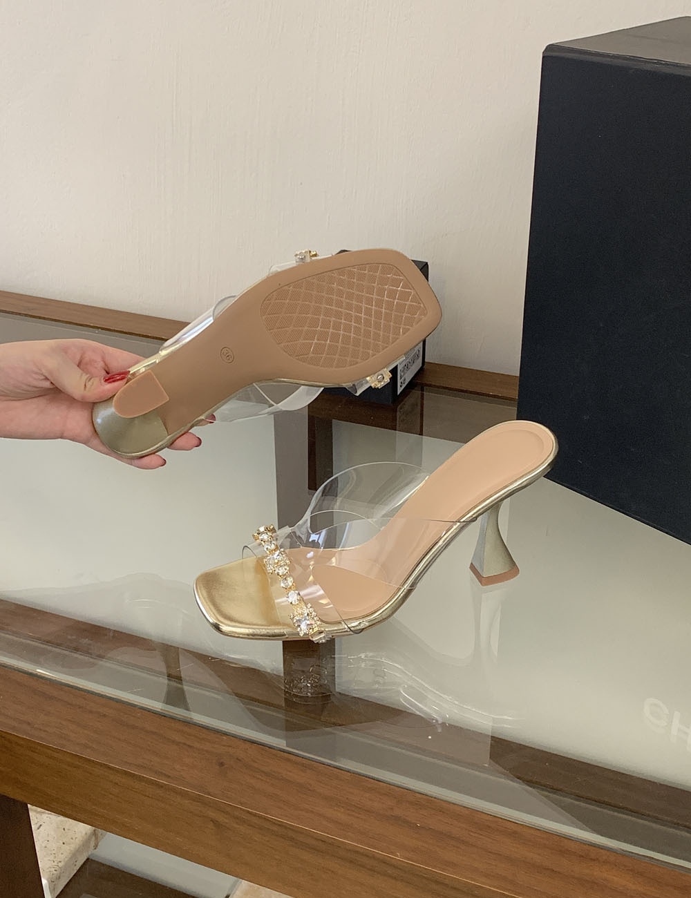 All-match glass slippers open toe high-heeled shoes
