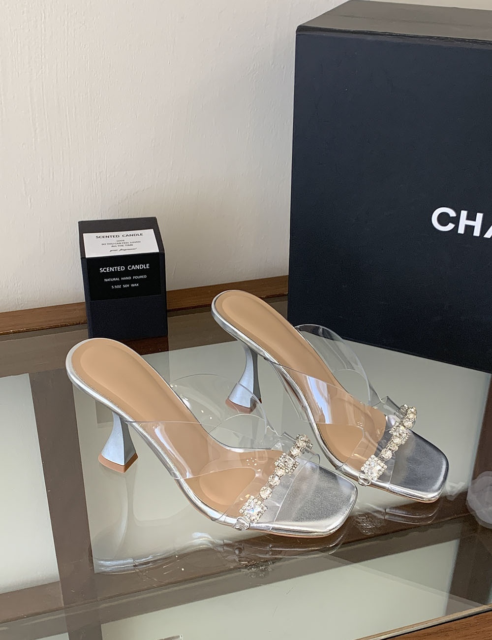 All-match glass slippers open toe high-heeled shoes