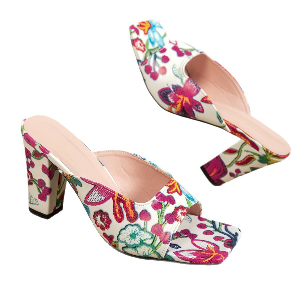High-heeled embroidered fashion slippers for women