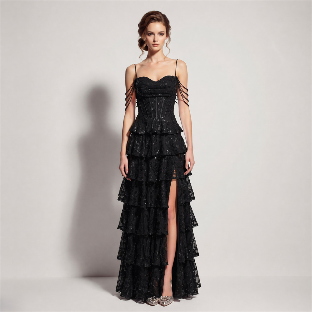 Waist straps cake evening dress sequins banquet dress