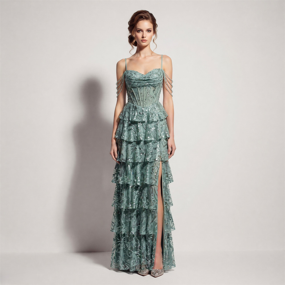 Waist straps cake evening dress sequins banquet dress