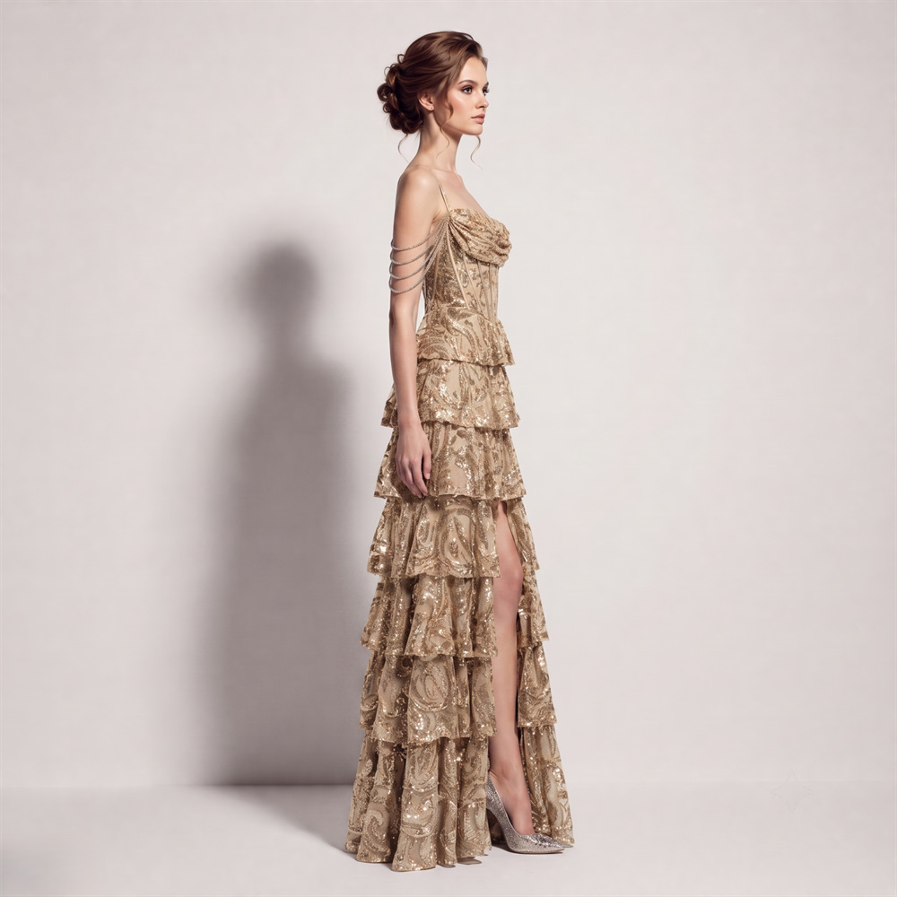 Waist straps cake evening dress sequins banquet dress