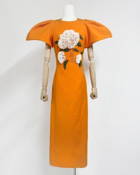 Retro stereoscopic dress beading round neck long dress