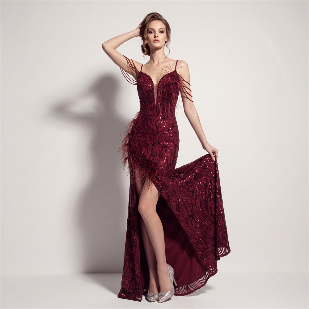 High split long sling sequins ladies evening dress