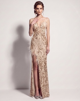High split banquet long dress sequins sling evening dress
