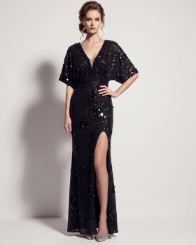 Split banquet evening dress catwalk boats sleeve long dress