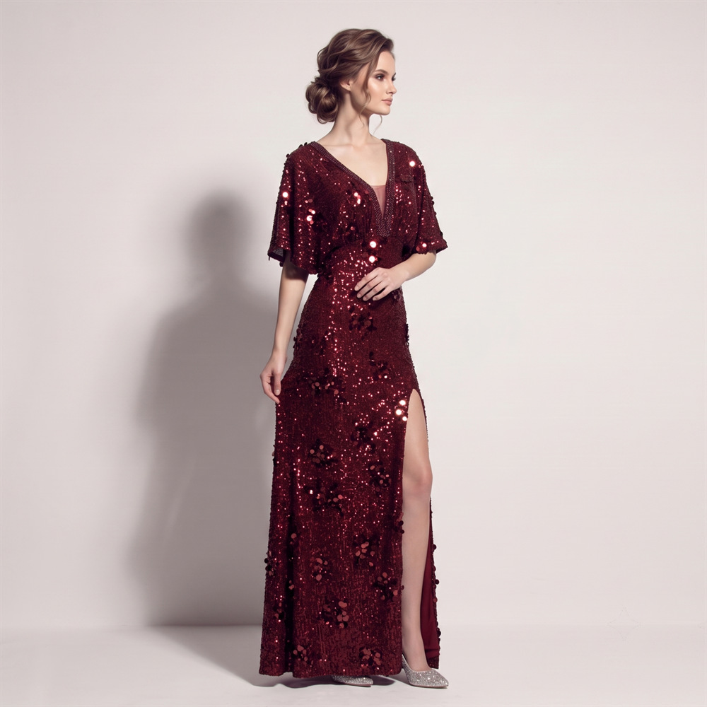 Split banquet evening dress catwalk boats sleeve long dress