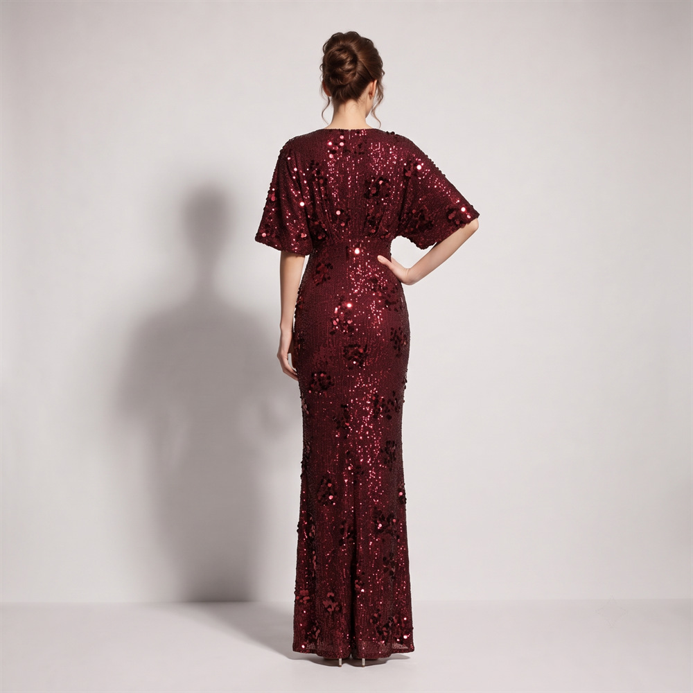 Split banquet evening dress catwalk boats sleeve long dress