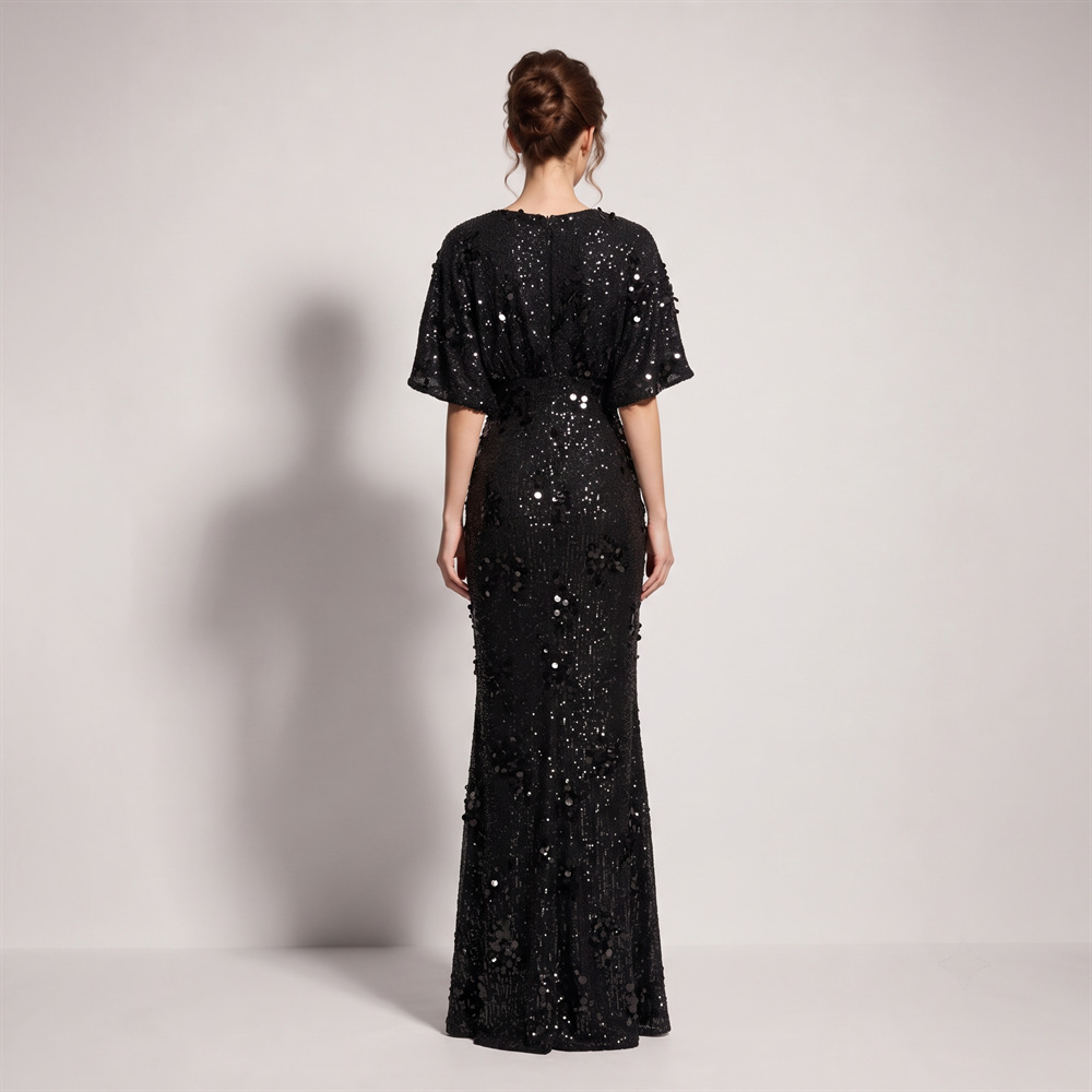 Split banquet evening dress catwalk boats sleeve long dress