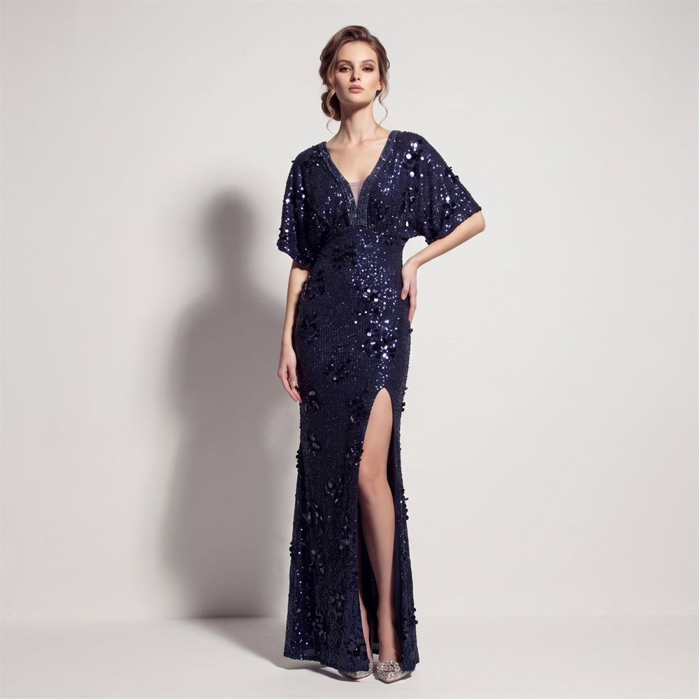 Split banquet evening dress catwalk boats sleeve long dress
