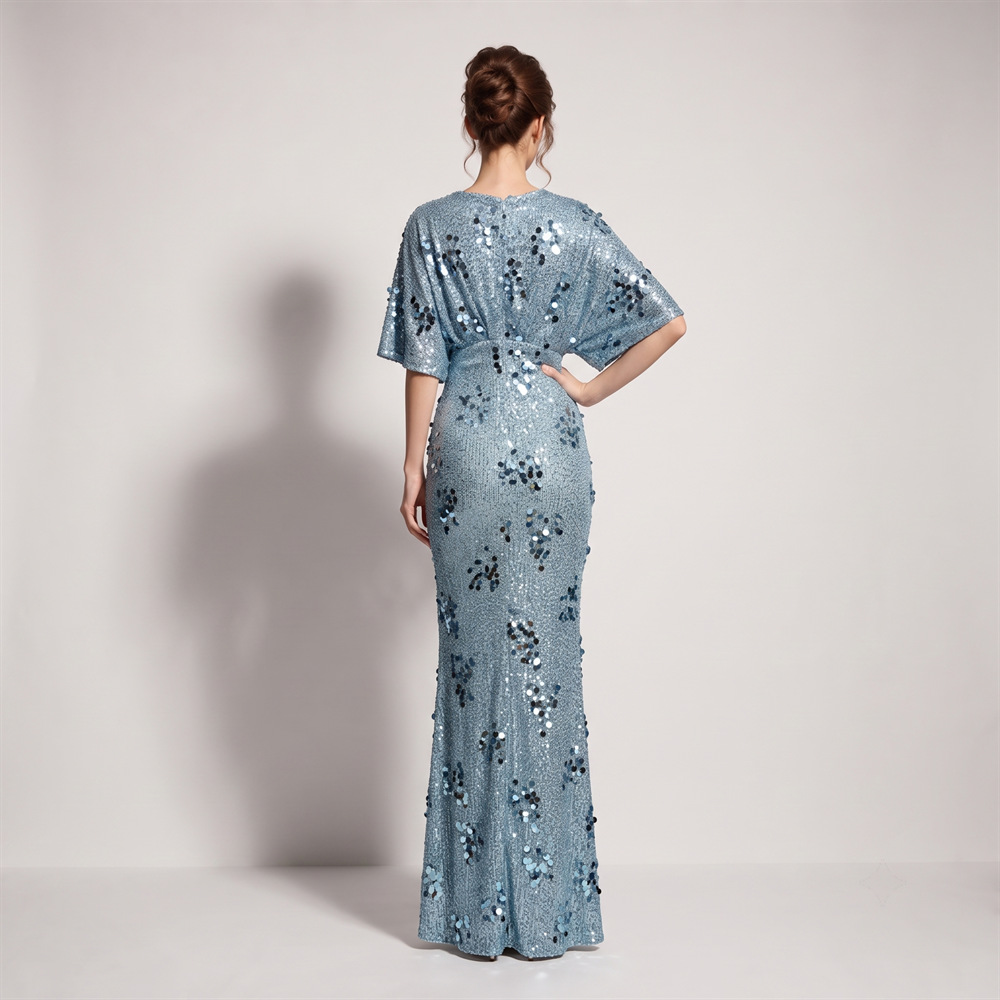 Split banquet evening dress catwalk boats sleeve long dress