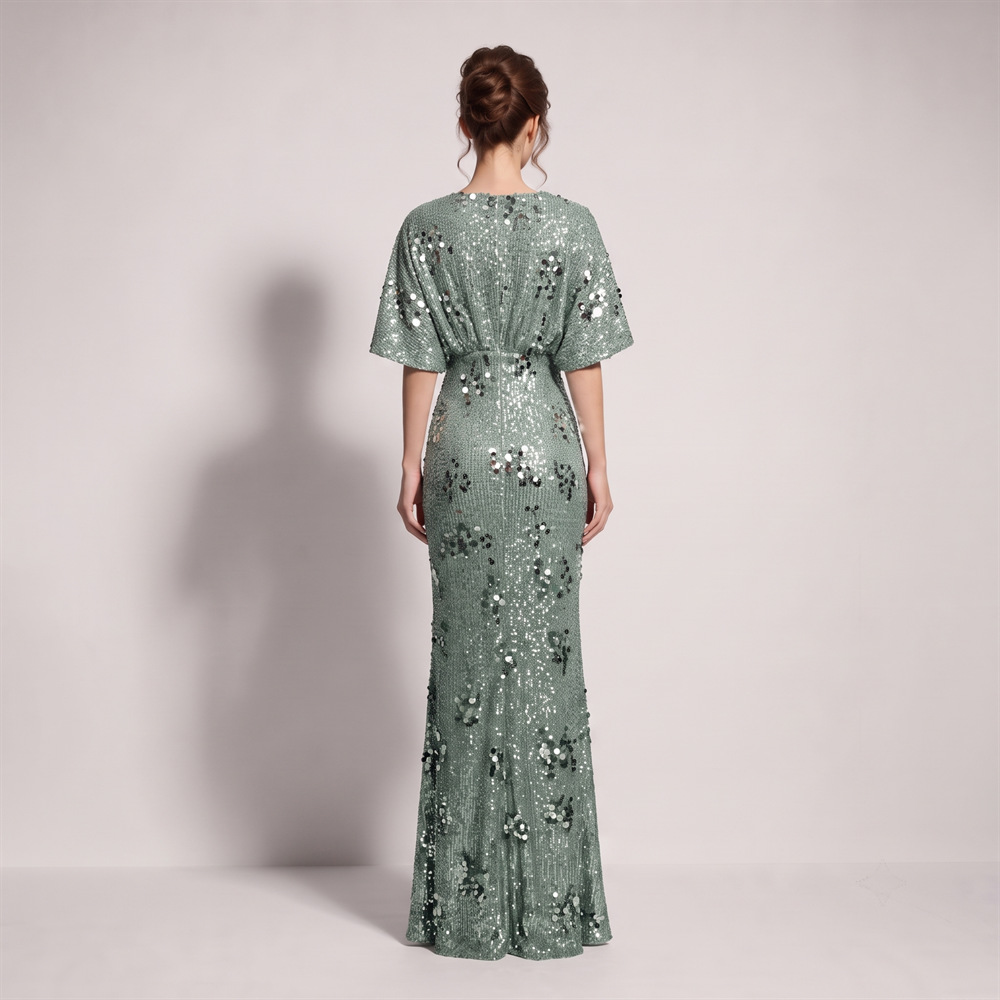 Split banquet evening dress catwalk boats sleeve long dress