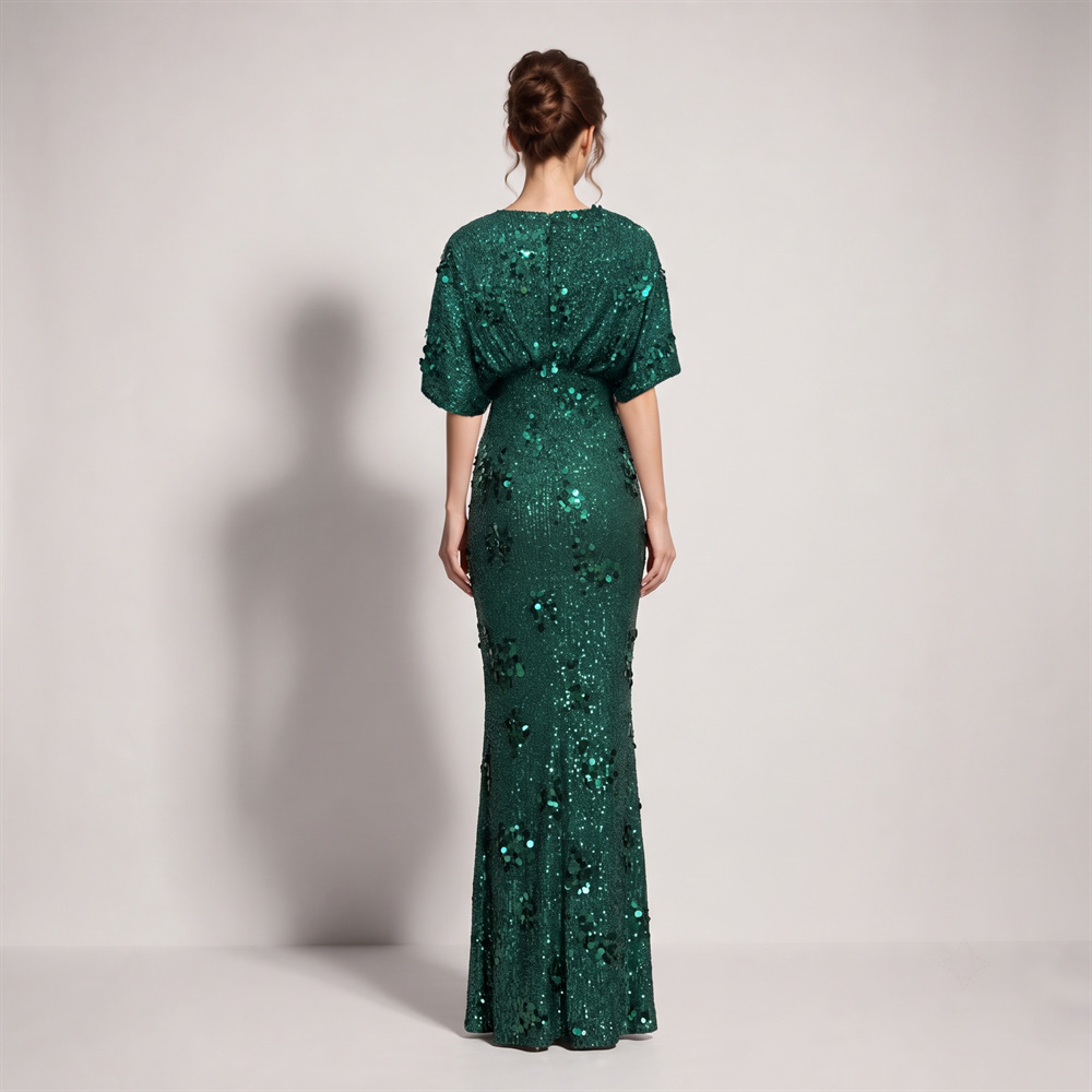 Split banquet evening dress catwalk boats sleeve long dress