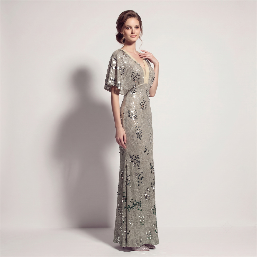 Split banquet evening dress catwalk boats sleeve long dress
