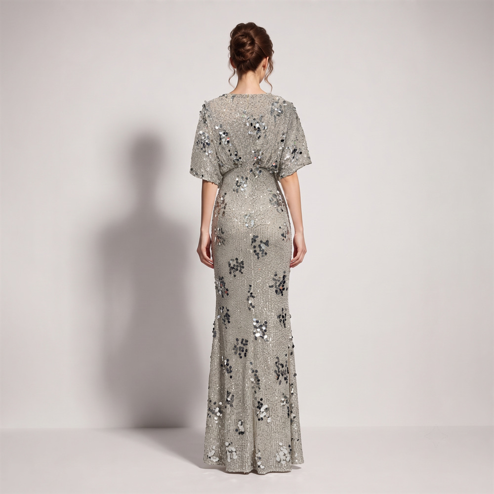 Split banquet evening dress catwalk boats sleeve long dress