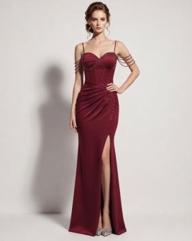 Fold high split long dress sling temperament evening dress