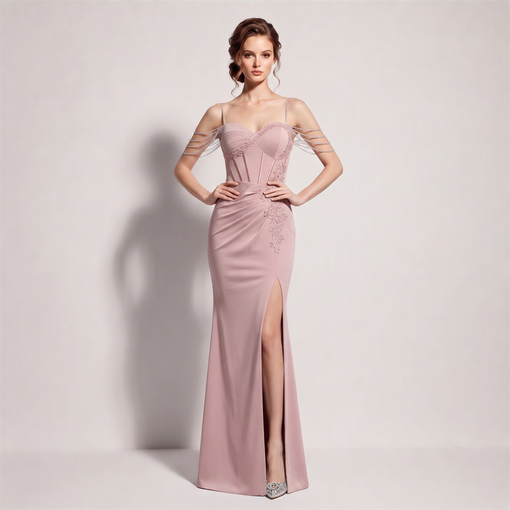 Fold high split long dress sling temperament evening dress