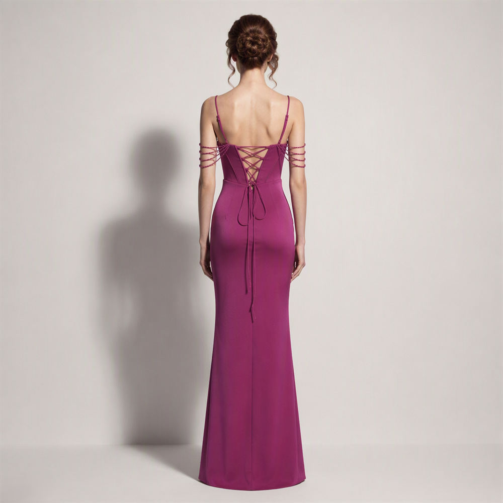 Fold high split long dress sling temperament evening dress