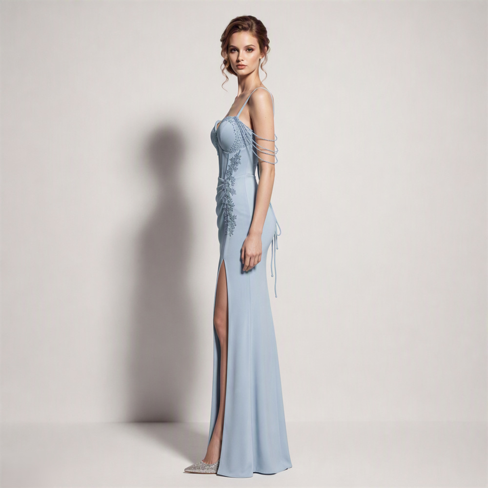 Fold high split long dress sling temperament evening dress