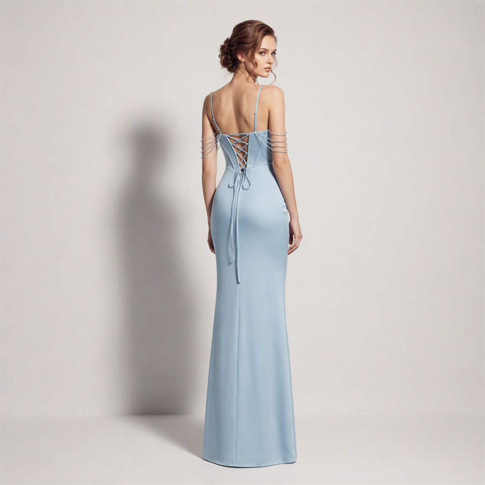 Fold high split long dress sling temperament evening dress
