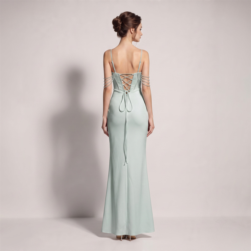 Fold high split long dress sling temperament evening dress