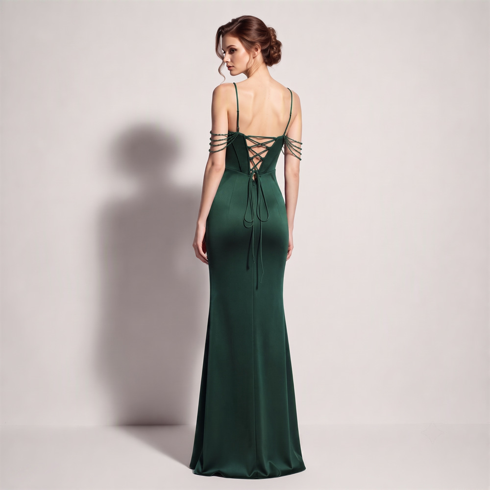 Fold high split long dress sling temperament evening dress