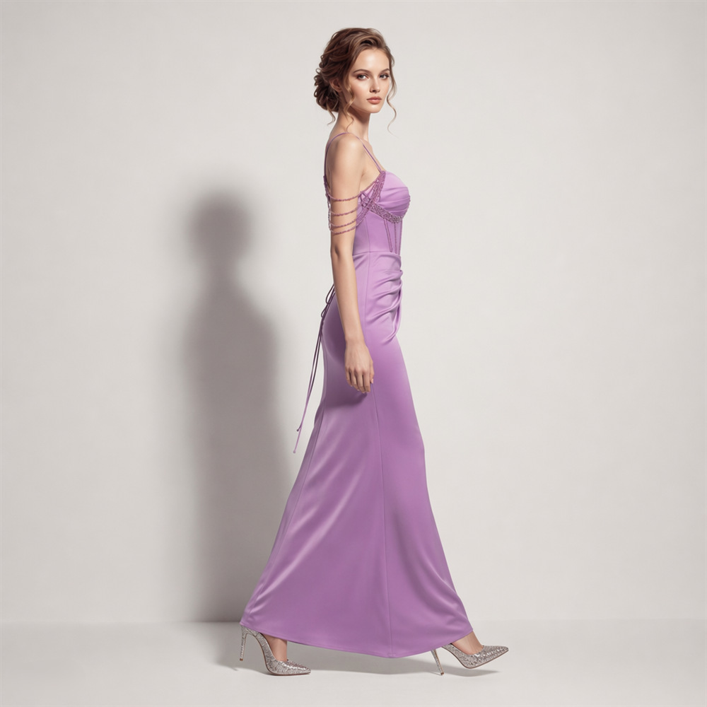 Fold high split long dress sling temperament evening dress