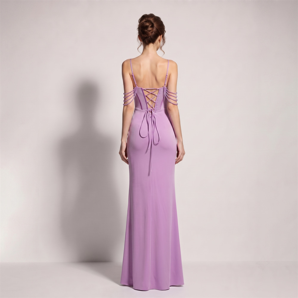 Fold high split long dress sling temperament evening dress