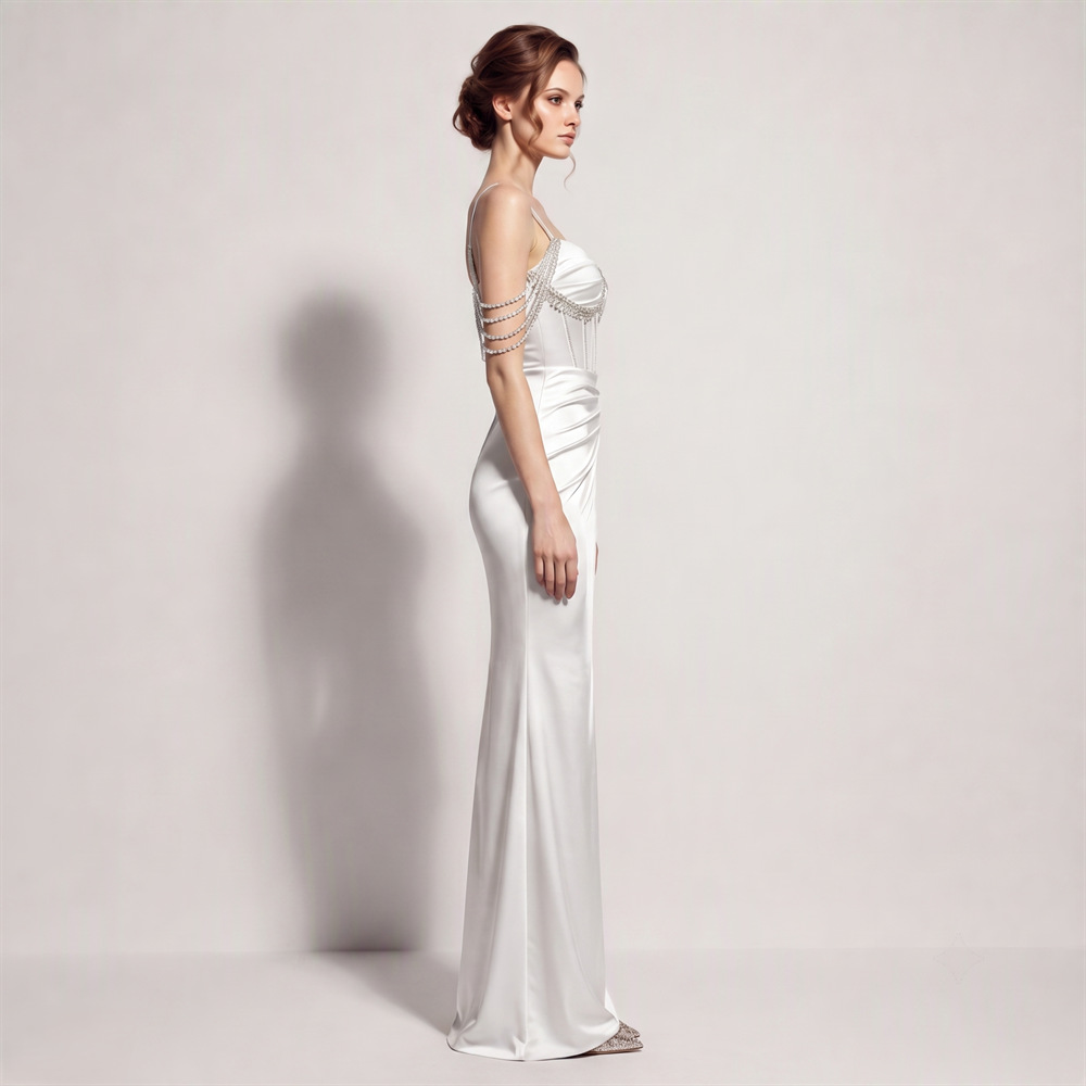 Fold high split long dress sling temperament evening dress