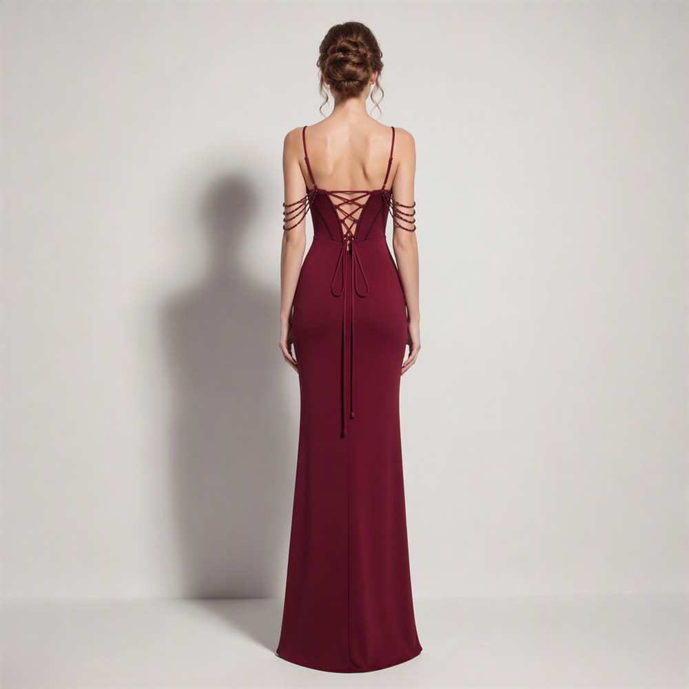 Fold high split long dress sling temperament evening dress