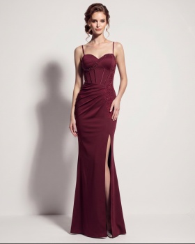 Set beads banquet evening dress high split ladies long dress