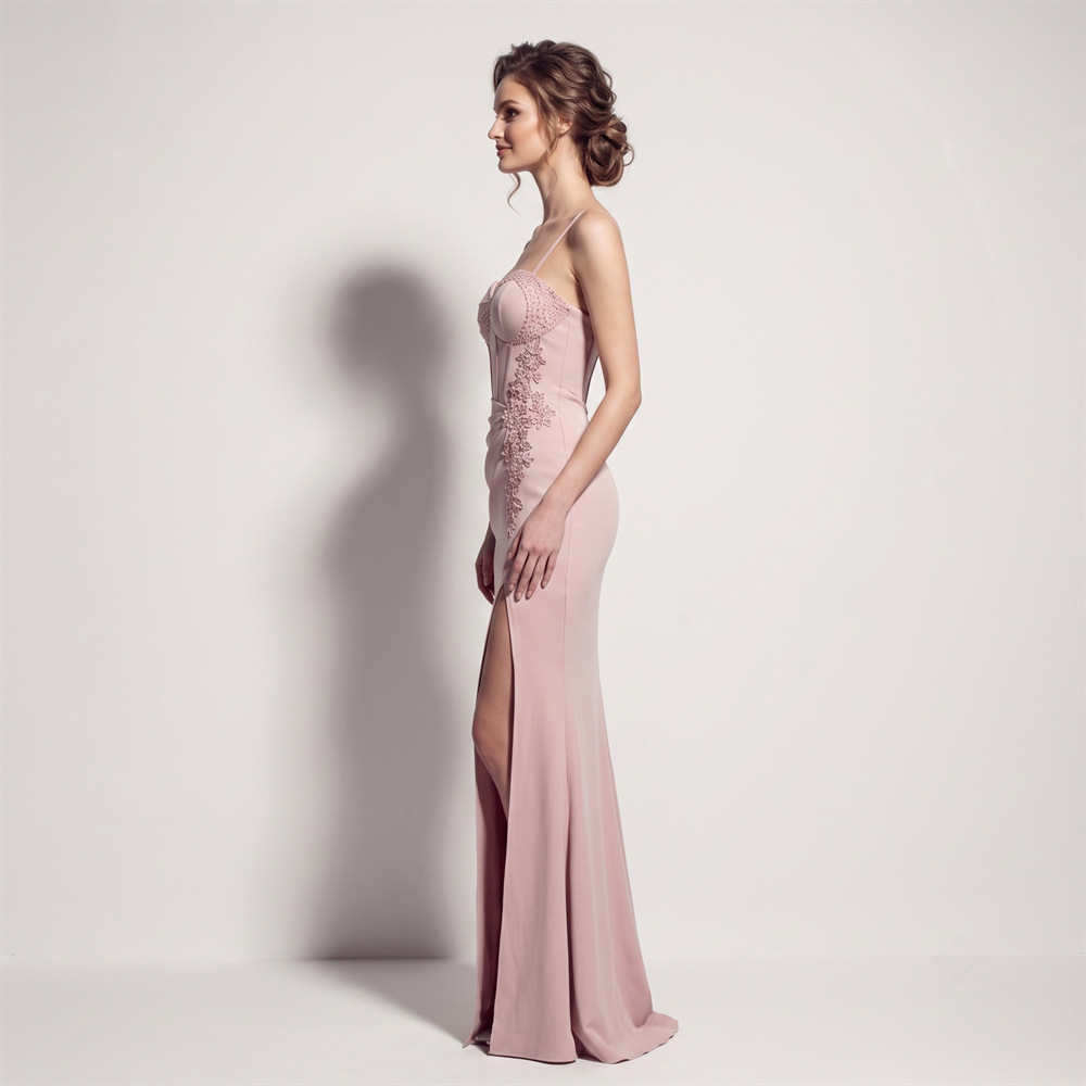 Set beads banquet evening dress high split ladies long dress