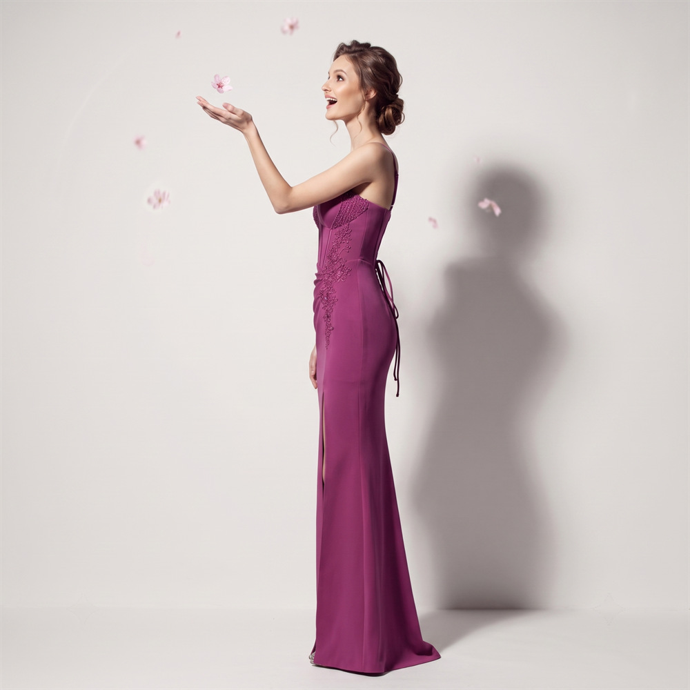 Set beads banquet evening dress high split ladies long dress