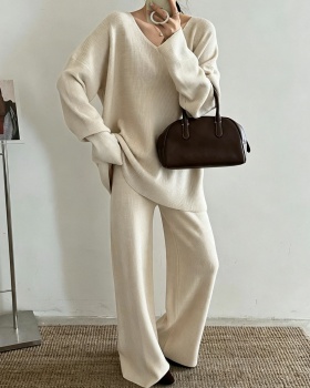 Fashion lazy straight pants sweater V-neck knitted tops a set