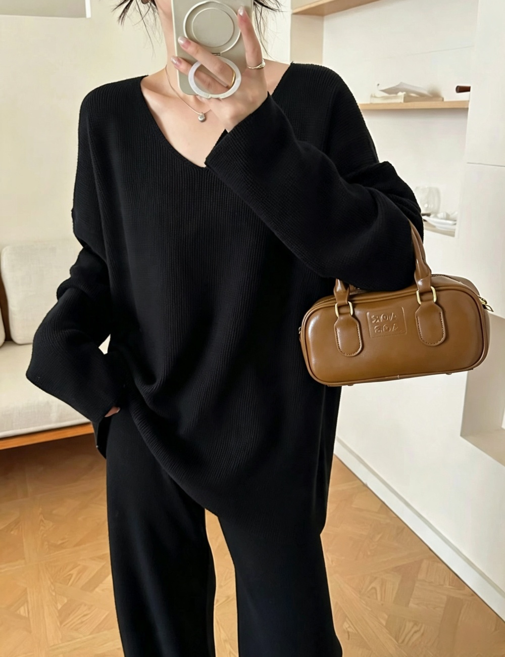 Fashion lazy straight pants sweater V-neck knitted tops a set