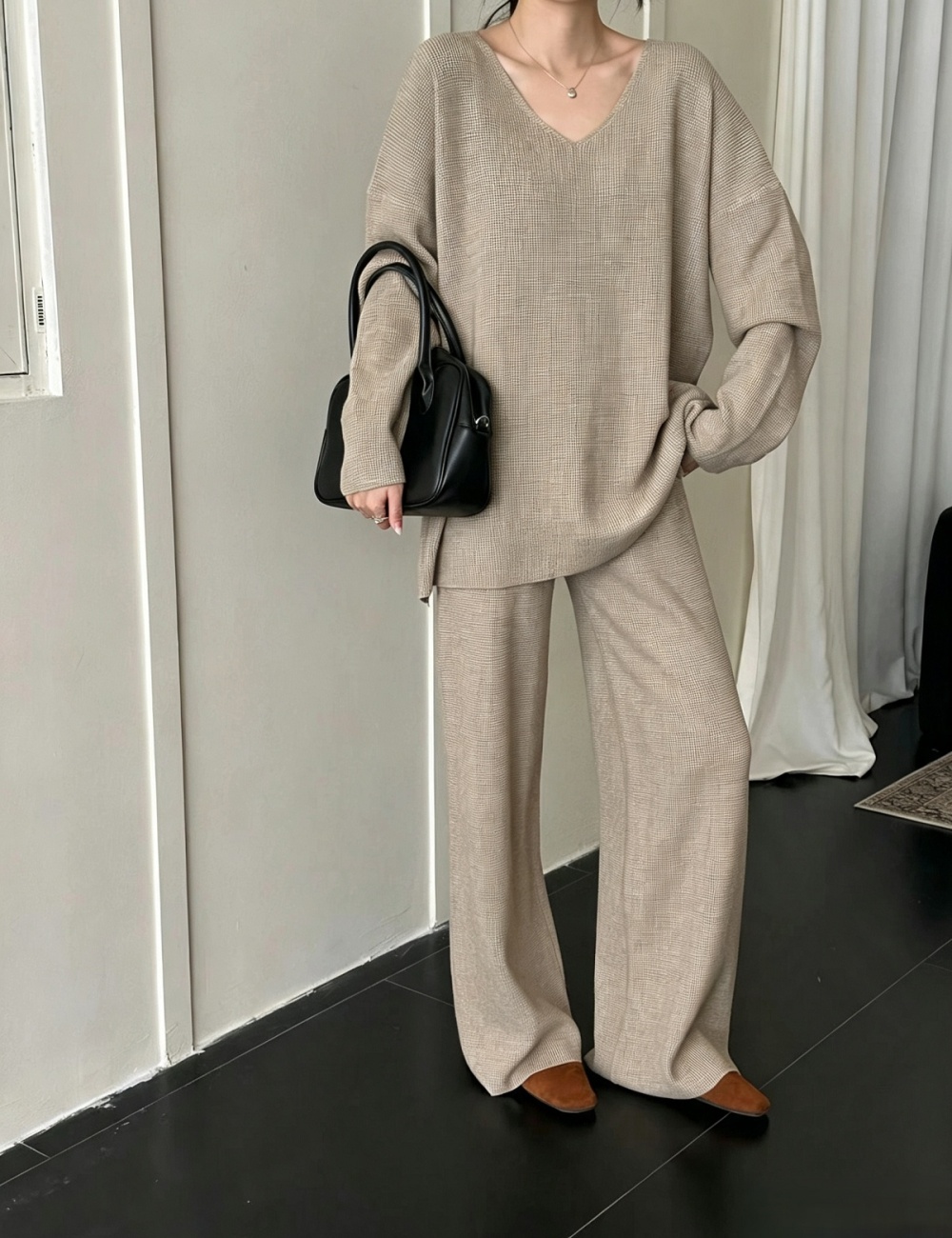Fashion lazy straight pants sweater V-neck knitted tops a set