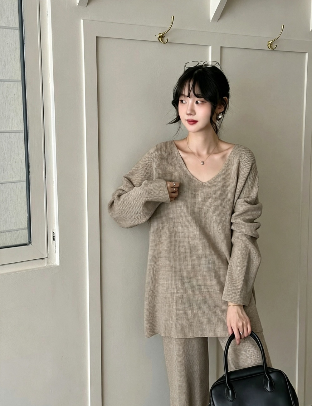 Fashion lazy straight pants sweater V-neck knitted tops a set