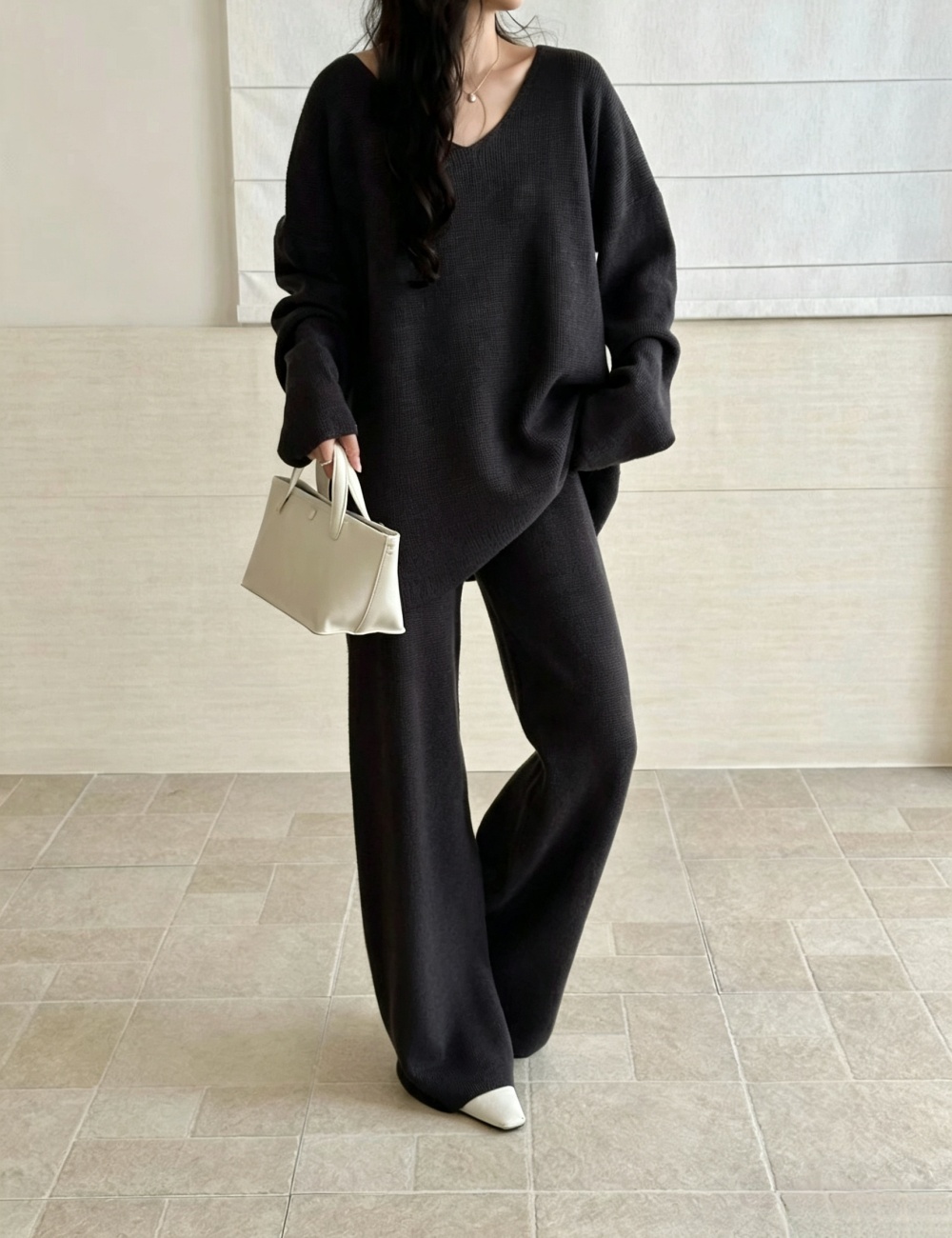 Fashion lazy straight pants sweater V-neck knitted tops a set
