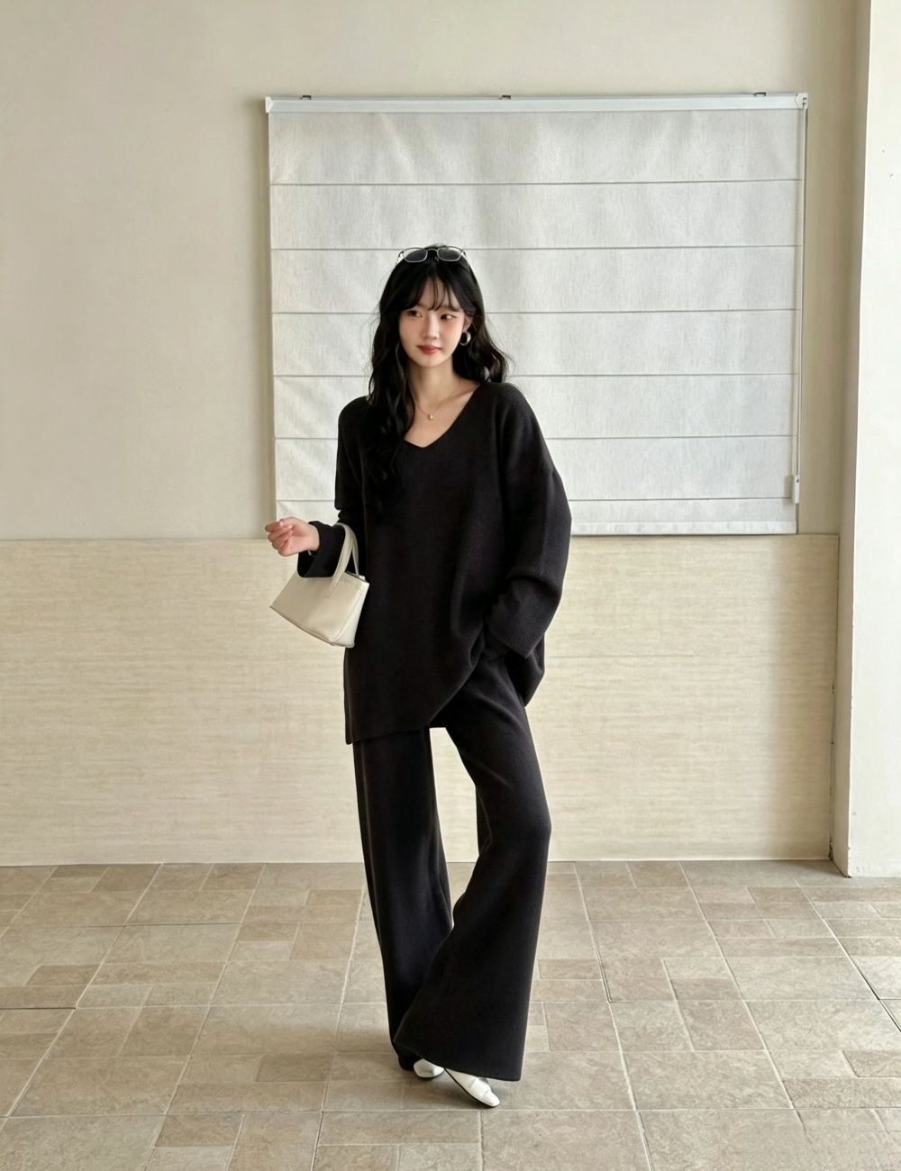 Fashion lazy straight pants sweater V-neck knitted tops a set