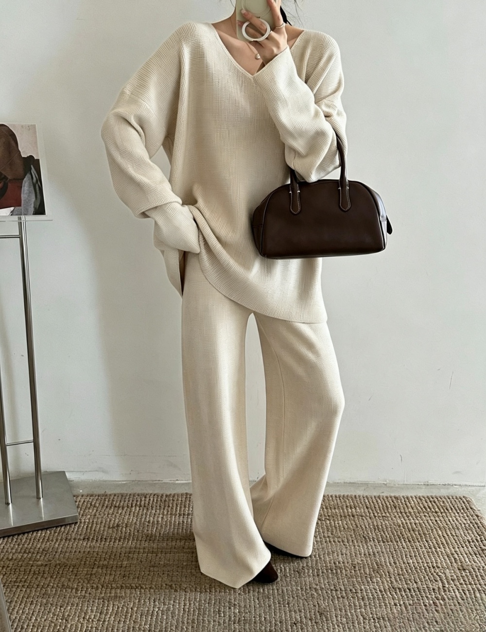 Fashion lazy straight pants sweater V-neck knitted tops a set