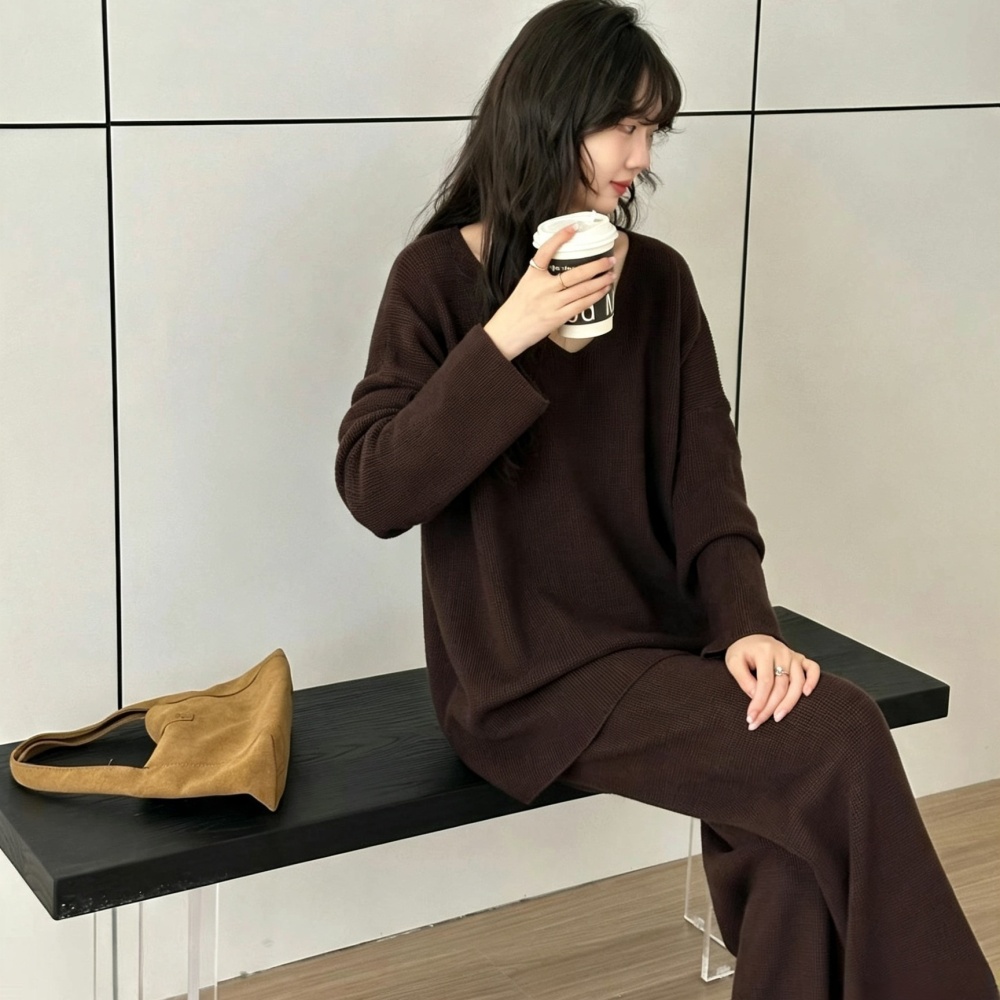 Fashion lazy straight pants sweater V-neck knitted tops a set