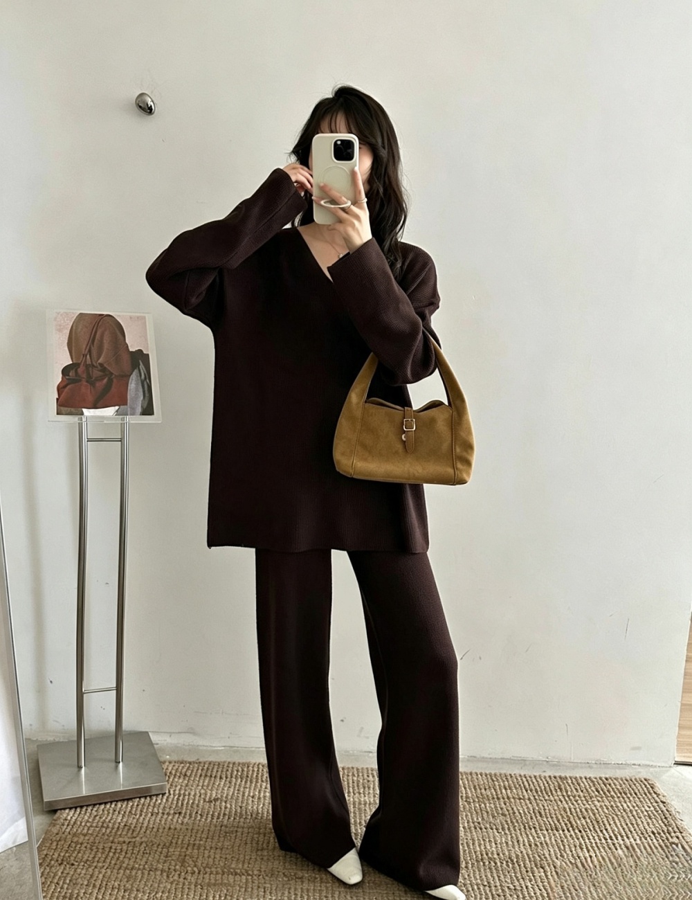 Fashion lazy straight pants sweater V-neck knitted tops a set