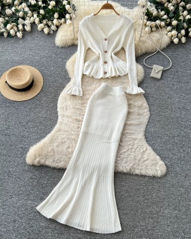 High waist big skirt sweater long sleeve skirt a set